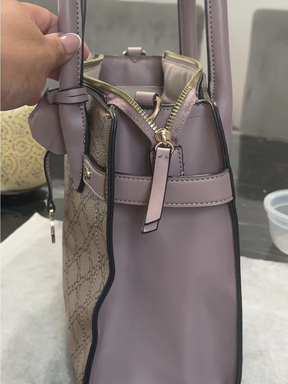 Nine West Taupe Satchel with Lilac Handles